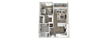 A 3D floor plan of a small apartment with a kitchen, living room, and bathroom.