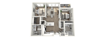 A 3D floor plan of a small apartment with two bedrooms, a living room, and a kitchen.