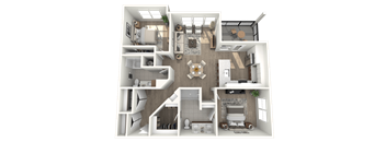 A 3D floor plan of a house with a kitchen, living room, and bathroom.