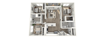 A 3D floor plan of a small apartment with two bedrooms, a living room, and a kitchen.
