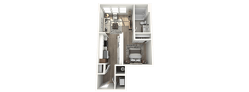 A 3D floor plan of a small apartment with a kitchen, living room, and bathroom.