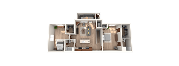 A 3D floor plan of a house with a kitchen, living room, and bedrooms.