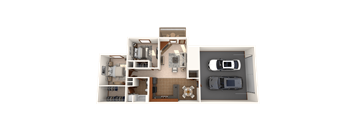 A top-down view of a house layout with a garage, living room, kitchen, and bedrooms.