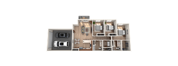 A top-down view of a house layout with a garage, living room, kitchen, and multiple bedrooms.
