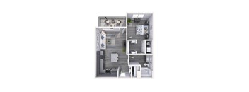 A top-down view of a small apartment with a kitchen, living room, and bedroom.