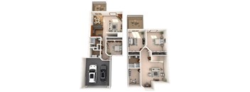 A 3D floor plan of a house with two bedrooms, a living room, a kitchen, a bathroom, and a garage.