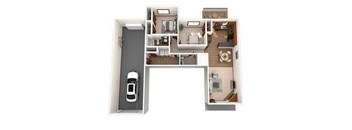 A floor plan of a house with a garage and a car.