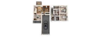A floor plan of a house with a car parked in the garage.