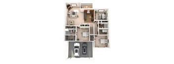 A floor plan of a house with a kitchen, living room, two bedrooms, a bathroom, and a garage.