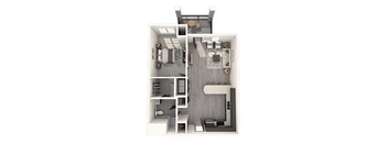 A 3D floor plan of a small apartment with a kitchen, living room, and bathroom.