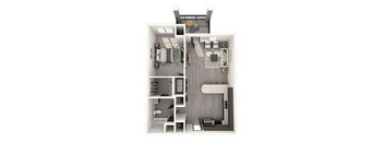 A 3D floor plan of a small apartment with a kitchen, living room, and bathroom.