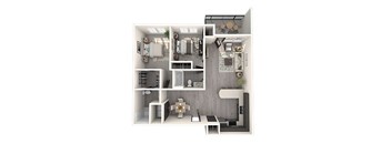 A 3D floor plan of a small apartment with a kitchen, living room, and bathroom.