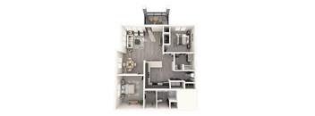 A 3D floor plan of a house with a kitchen, living room, and bedrooms.