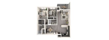 A 3D rendered image of a modern apartment layout.