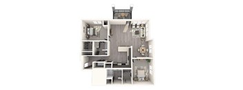 A floor plan of a house with a living room, kitchen, and two bedrooms.