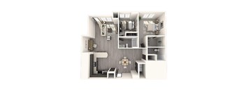 A 3D rendered image of a modern apartment layout.