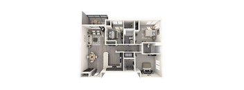 A 3D floor plan of a small apartment with a kitchen, living room, and bathroom.