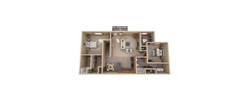 A 3D floor plan of a house with a living room, kitchen, and two bedrooms.