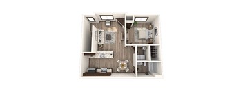 A 3D floor plan of a small apartment with a kitchen, living room, and bathroom.