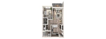A 3D floor plan of a small apartment with a kitchen, living room, and bathroom.