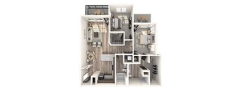 A 3D rendered image of a modern apartment layout.