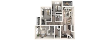 A 3D rendered image of a modern apartment layout.