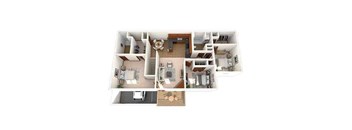 A floor plan of a house with a living room, kitchen, and two bedrooms.