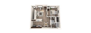 A floor plan of a small apartment with a kitchen, living room, and bathroom.