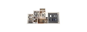 A floor plan of a house with a kitchen, living room, and two bedrooms.
