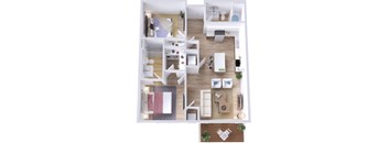 A top-down view of a modern apartment layout with a living room, kitchen, and bedrooms.