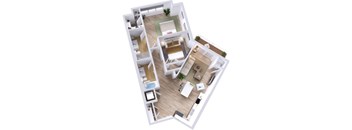A 3D floor plan of a house with a living room, kitchen, and two bedrooms.