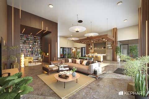 A modern living room with a large sofa, a coffee table, and a bookshelf filled with books.