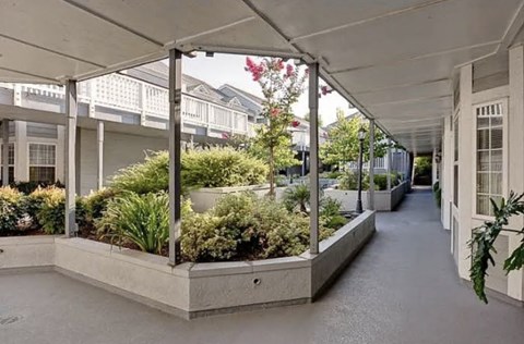 A long walkway with a planter on the side.