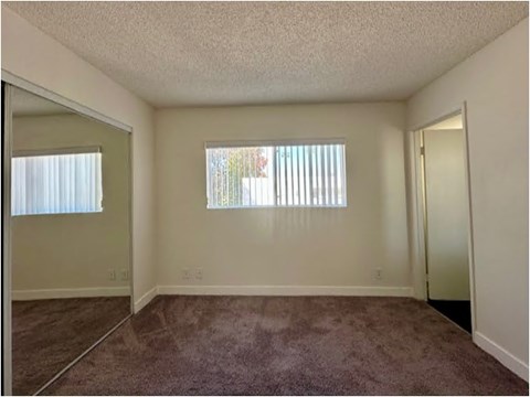 A room with a carpeted floor and two windows.