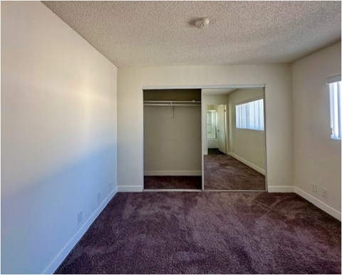 A bedroom with a purple carpet and a large closet.