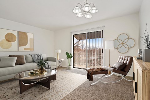 A modern living room with a brown and white color scheme.