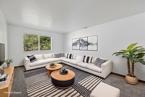 A living room with a white couch, a coffee table, and a potted plant.