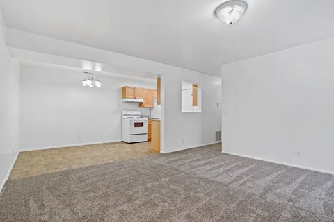 A kitchen area with a white oven and a brown rug.