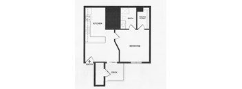 A black and white floor plan of a house with a kitchen, bath, walk-in closet, bedroom, deck, and entry.