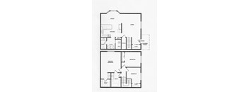 A black and white image of a floor plan for a house with a dining room, living room, kitchen, and two bedrooms.