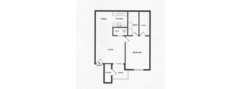 A black and white floor plan of a house with a living room, dining room, kitchen, bathroom, bedroom, and storage.