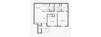 A black and white floor plan of a house with two bedrooms, a living room, a dining room, a bathroom, a closet, a deck, and storage.