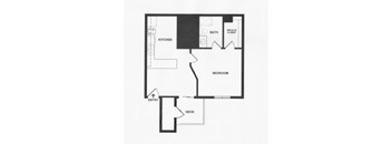 A floor plan of a house with a kitchen, bath, walk-in closet, bedroom, deck, and entry.