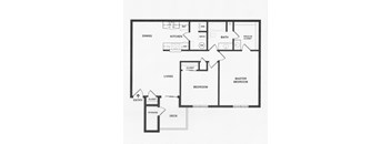 A black and white floor plan of a house with a master bedroom and a deck.
