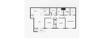 A floor plan of a house with a living room, two bedrooms, a kitchen, a dining room, a bathroom, a laundry room, a balcony, and a storage area.