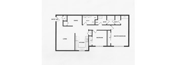 A floor plan of a house with a living room, kitchen, dining room, two bathrooms, and two bedrooms.