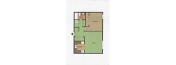 A floor plan of a small apartment with a living room, kitchen, bedroom and bathroom.