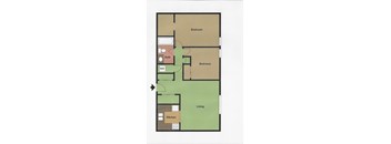A floor plan of a house with a living room, kitchen, and two bedrooms.