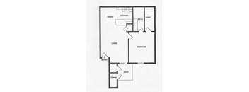 A floor plan of a house with labeled rooms such as DINING, KITCHEN, BATH, CLOSET, LIVING, BEDROOM, ENTRY, DECK, and STORAGE.