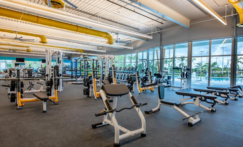 A gym with various exercise machines and a large window.
